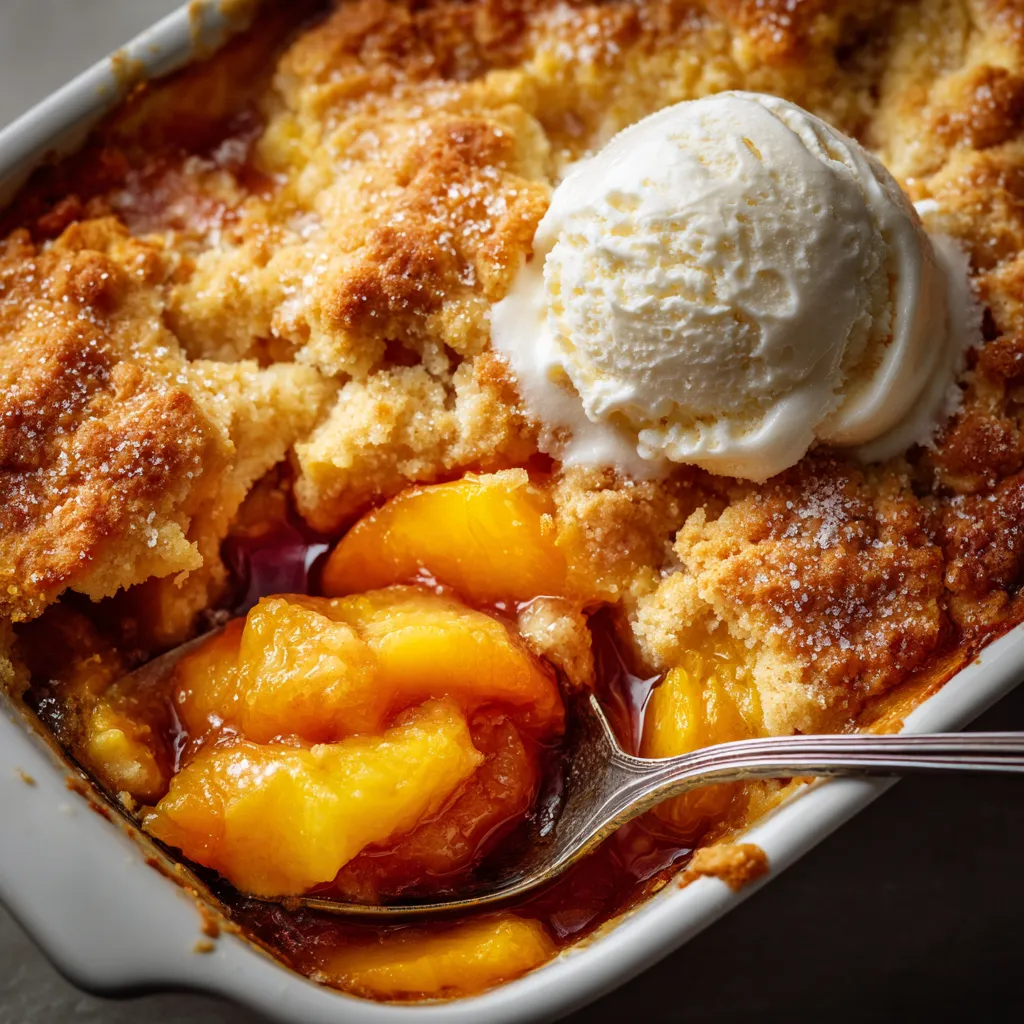 A bowl of peach cobbler with a scoop of ice cream on top.