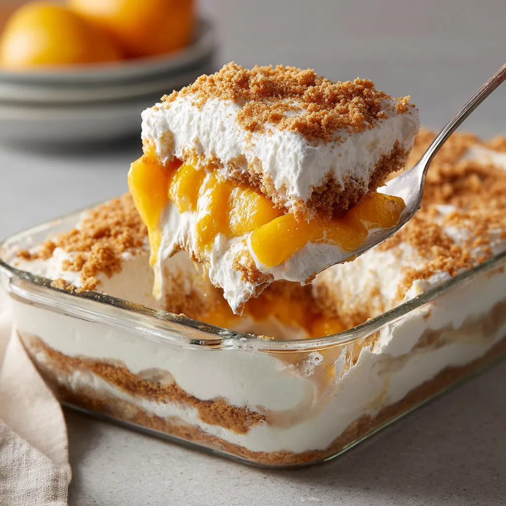 A fork is in a glass bowl filled with a dessert that includes mango and whipped cream.