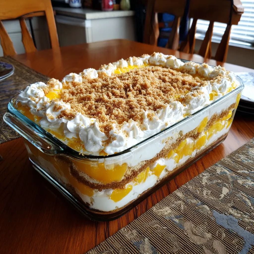 A glass dish filled with a dessert that includes mango and cream.