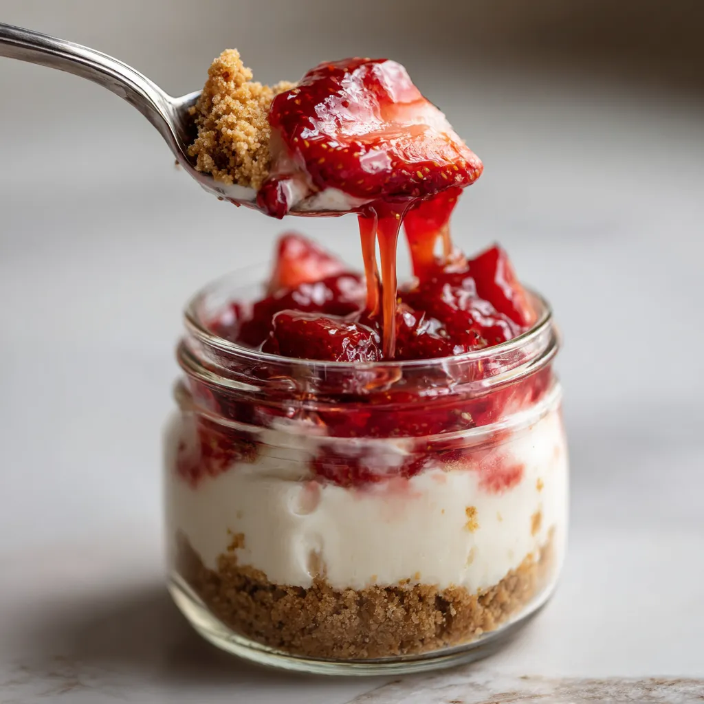 A spoon is in a jar of strawberry cheesecake.