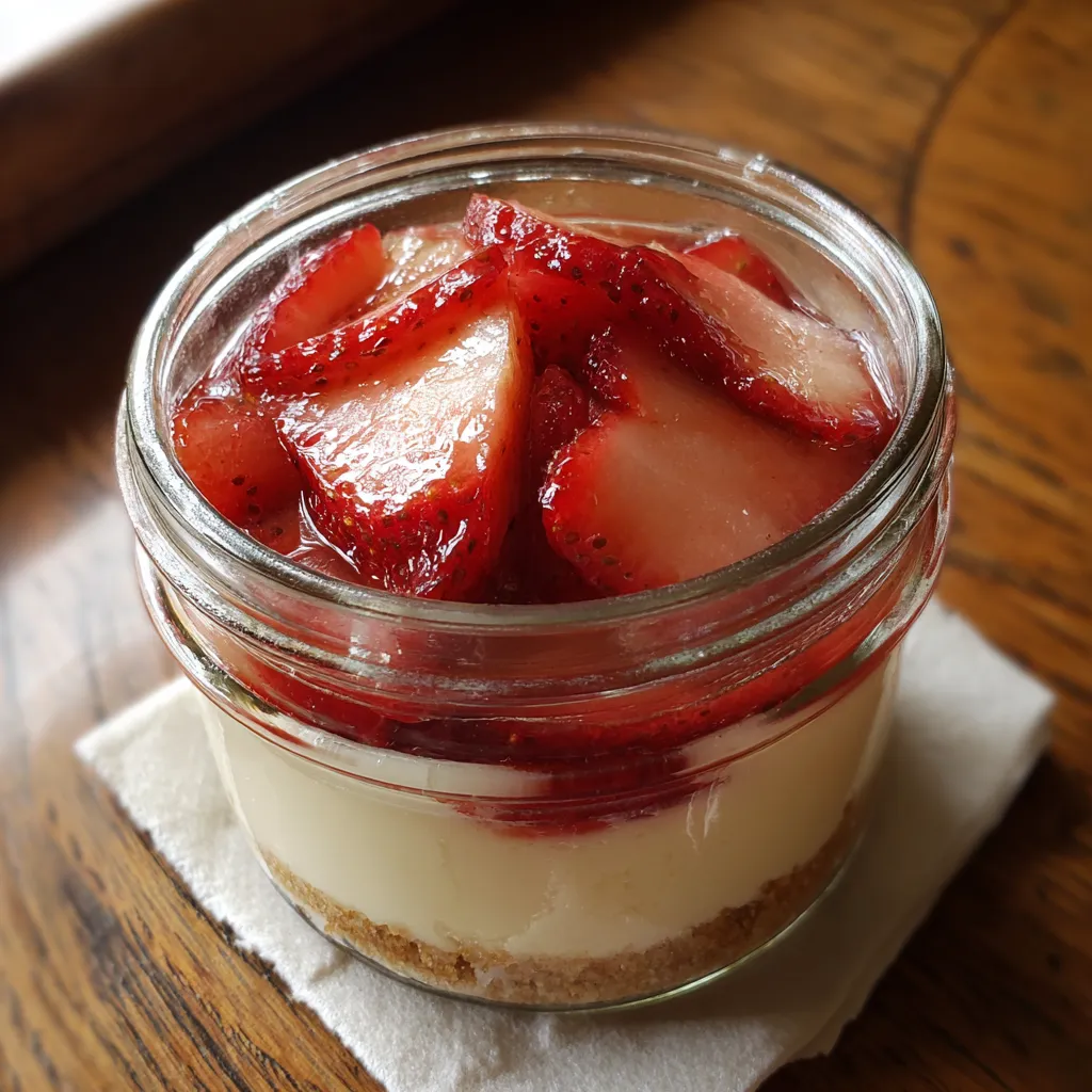 A glass jar filled with a no-bake strawberry cheesecake.