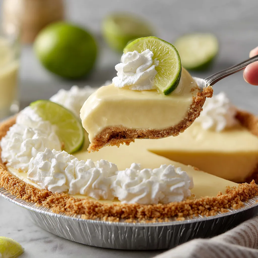 A slice of key lime pie with a fork in it.