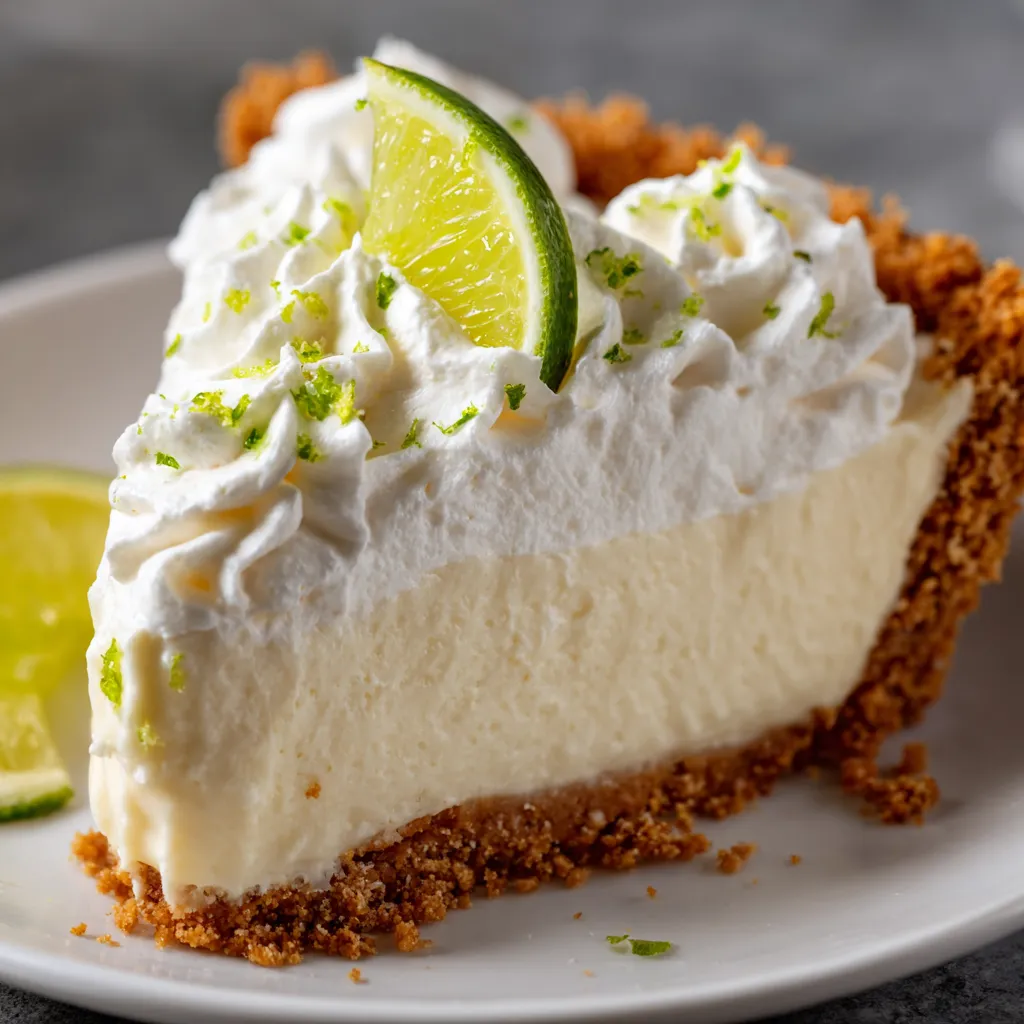 A slice of key lime pie with a lime wedge on the side.