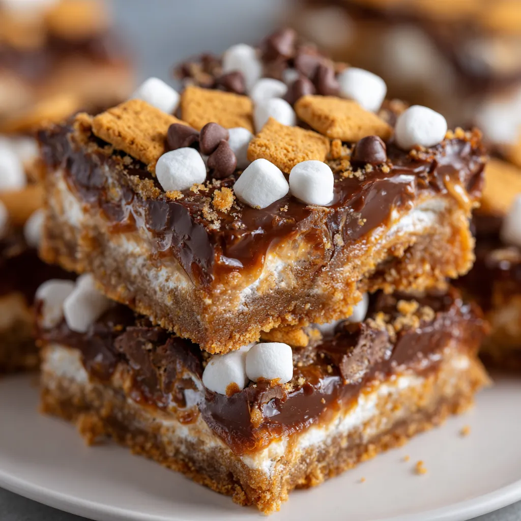 A stack of no-bake s'mores bars.