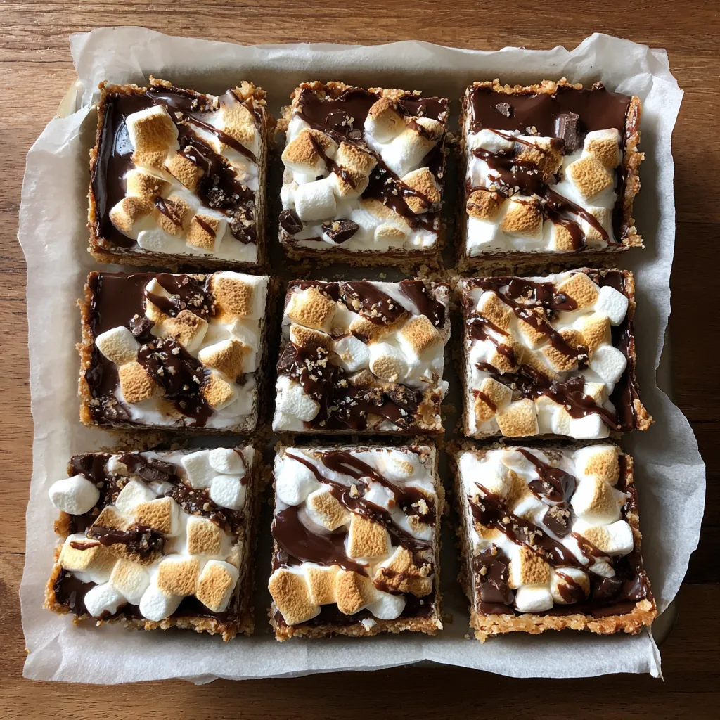 A tray of s'mores bars with chocolate and marshmallows.