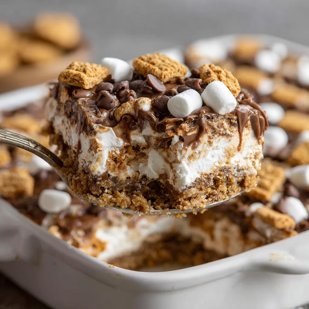 A close up of a piece of a no-bake s'mores bar.