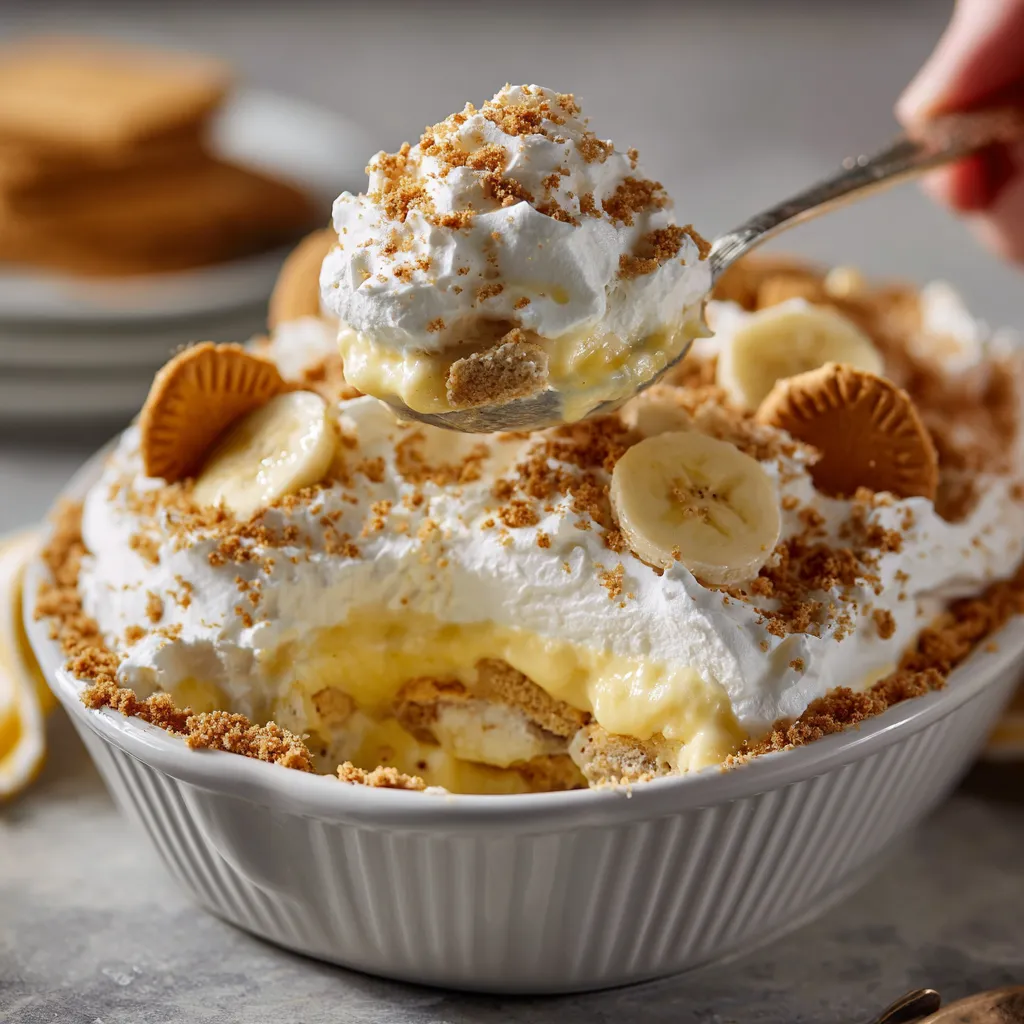 A person is scooping banana pudding from a bowl.