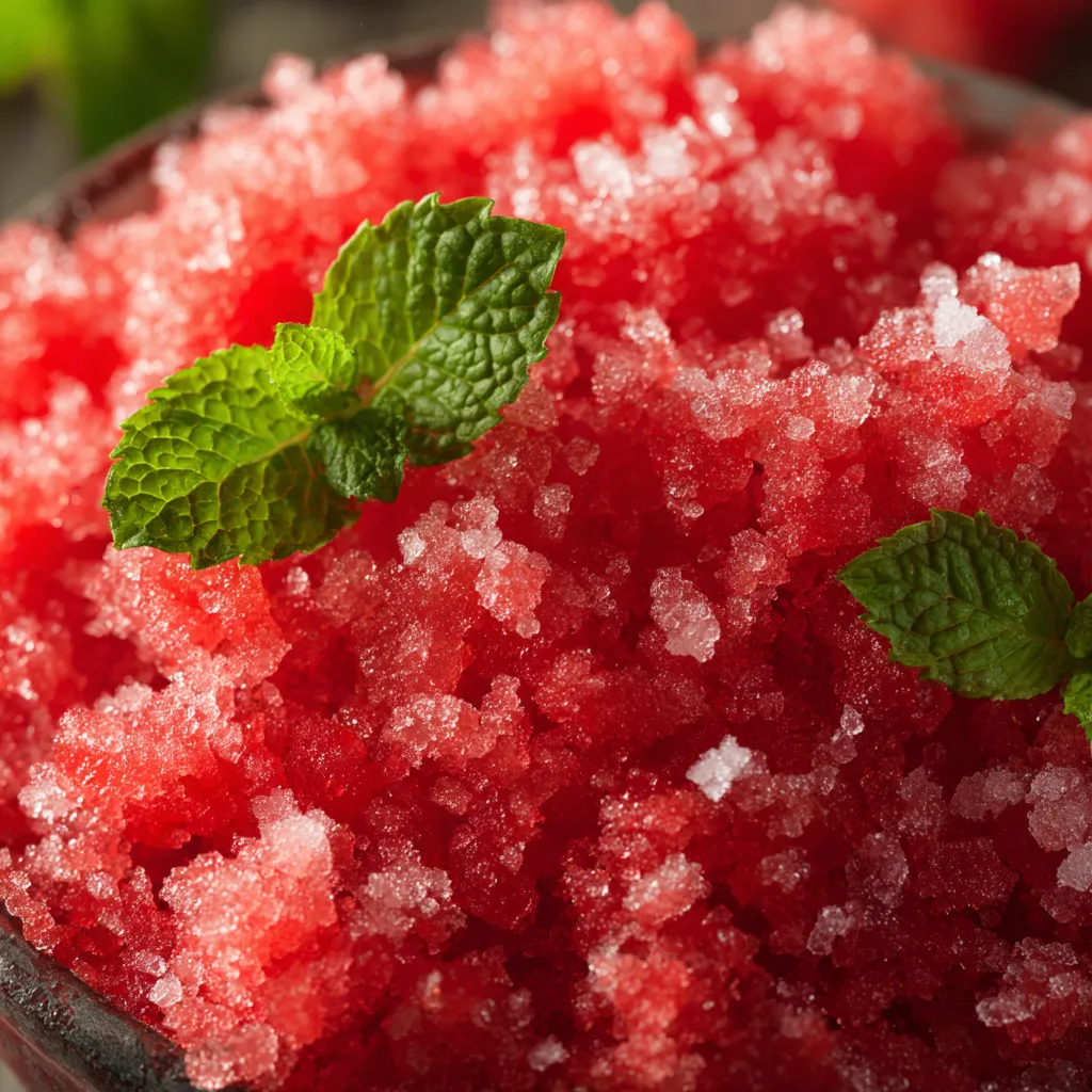 A bowl of watermelon granita with mint leaves on top.