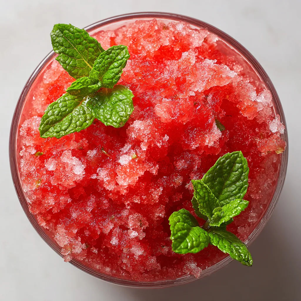 A glass of watermelon granita with mint leaves.