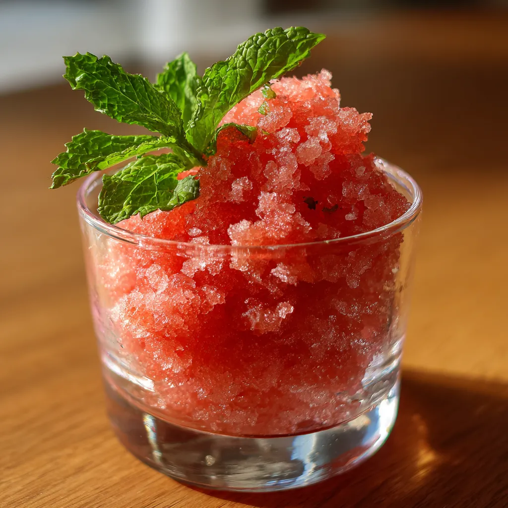 A small glass of watermelon granita with a sprig of mint on top.
