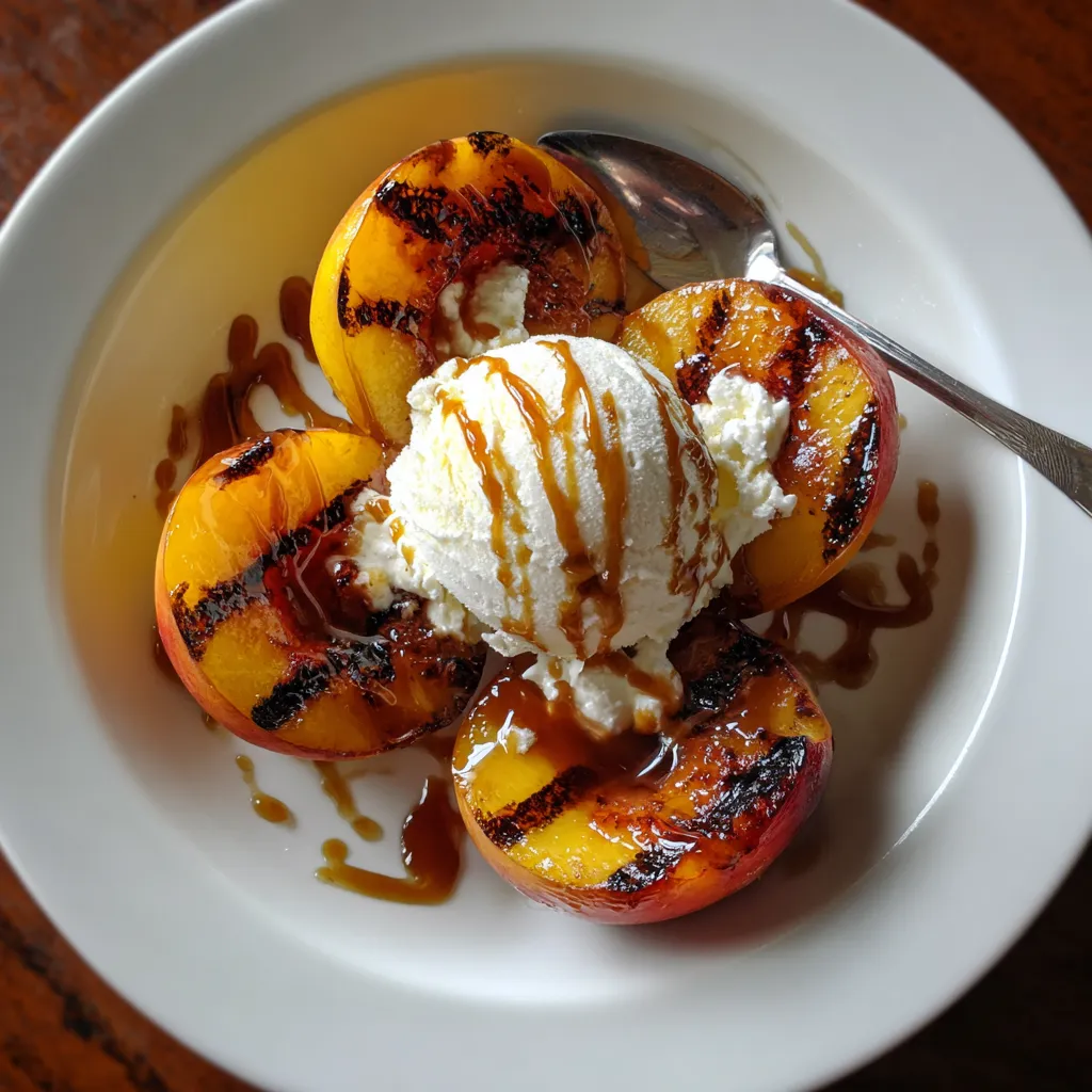 A plate of grilled peaches with honey and vanilla ice cream.