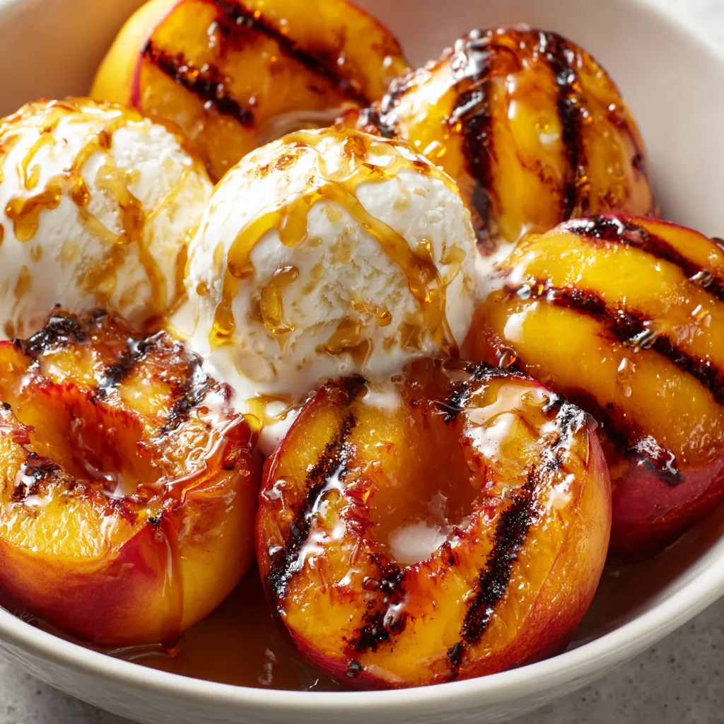 A bowl of grilled peaches with honey and vanilla ice cream.