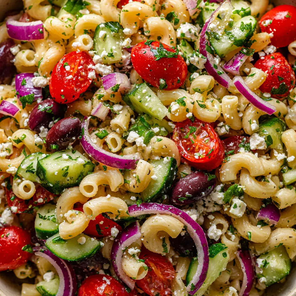A bowl of Greek pasta salad with tomatoes, cucumbers, and feta cheese.