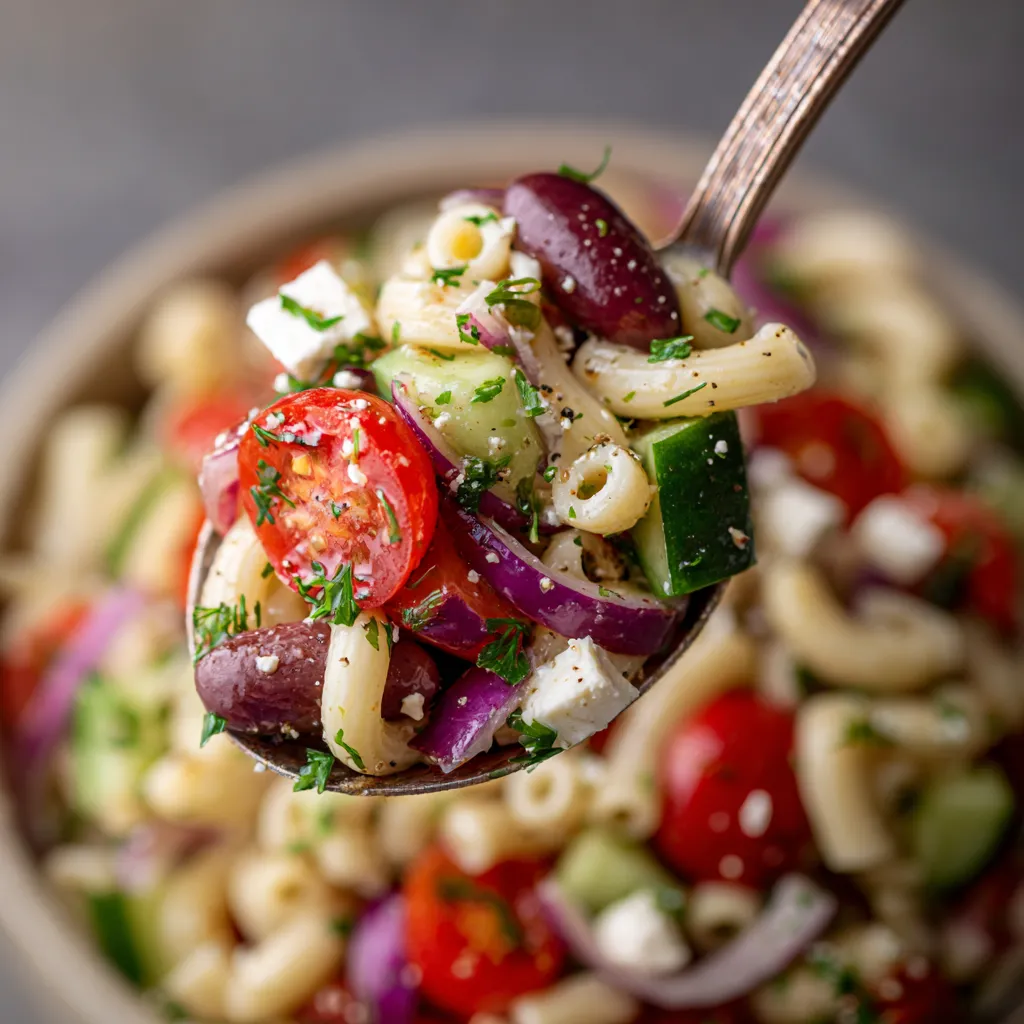 A spoonful of Greek pasta salad.