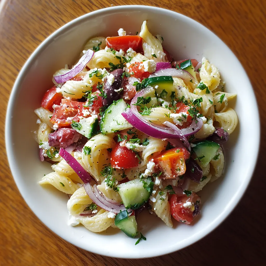 A bowl of Greek pasta salad.