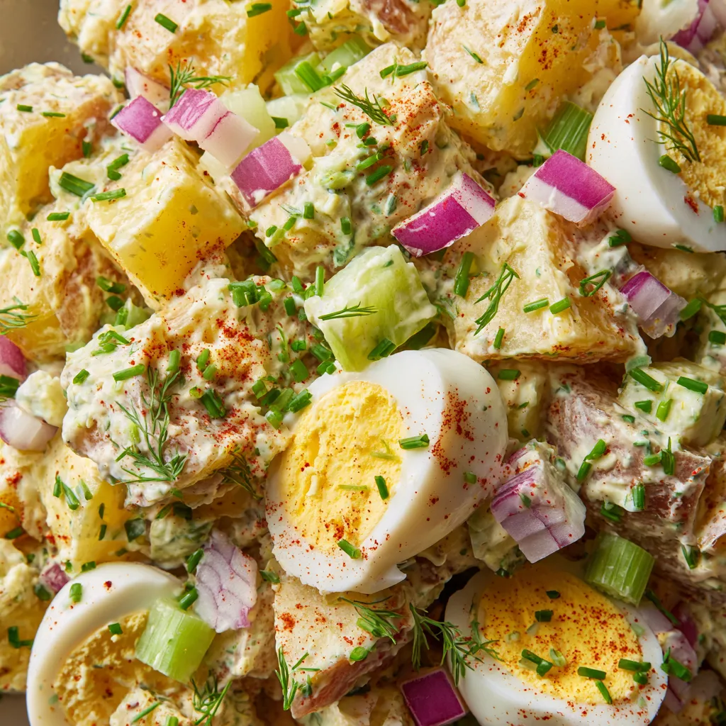 A dish of potato salad with eggs and onions.