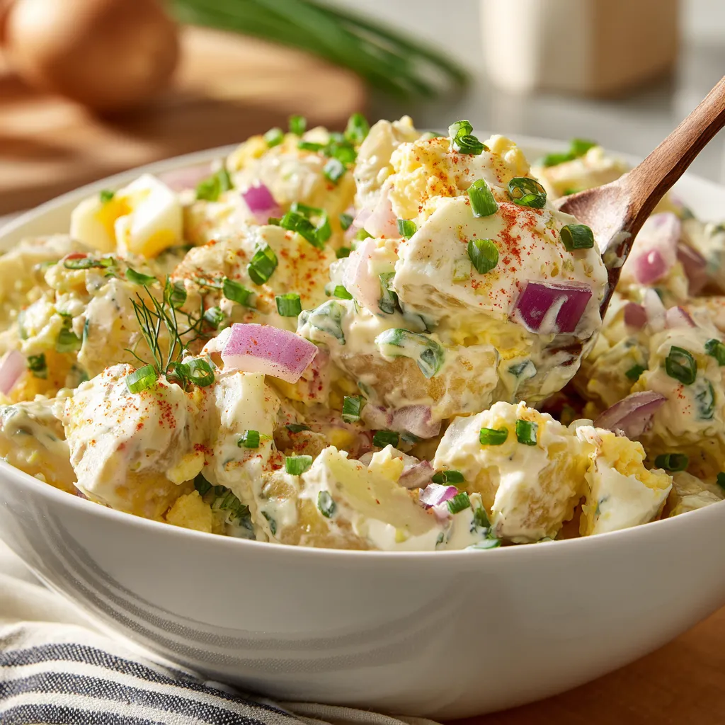 A bowl of potato salad with green onions and red peppers.