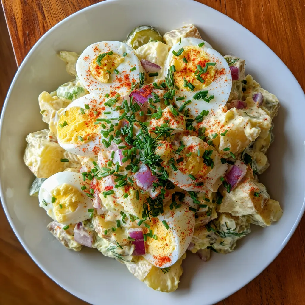 A white plate with a salad of eggs, potatoes, and onions.