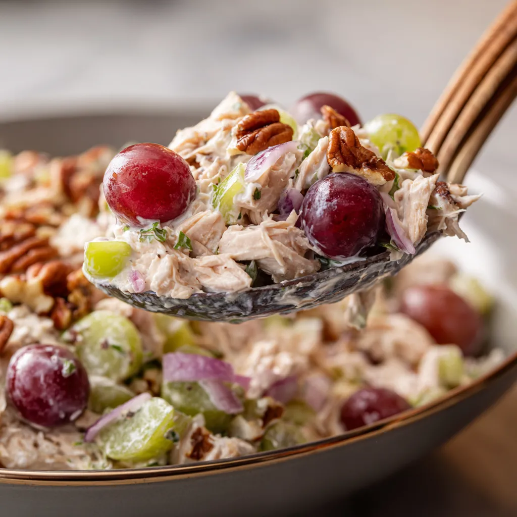 A spoon is scooping up chicken salad with grapes.