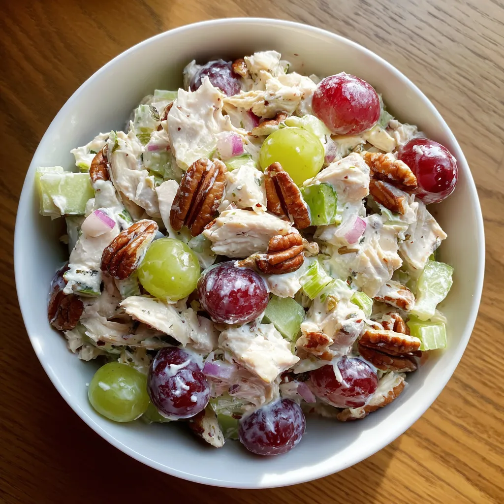 A bowl of chicken salad with grapes.