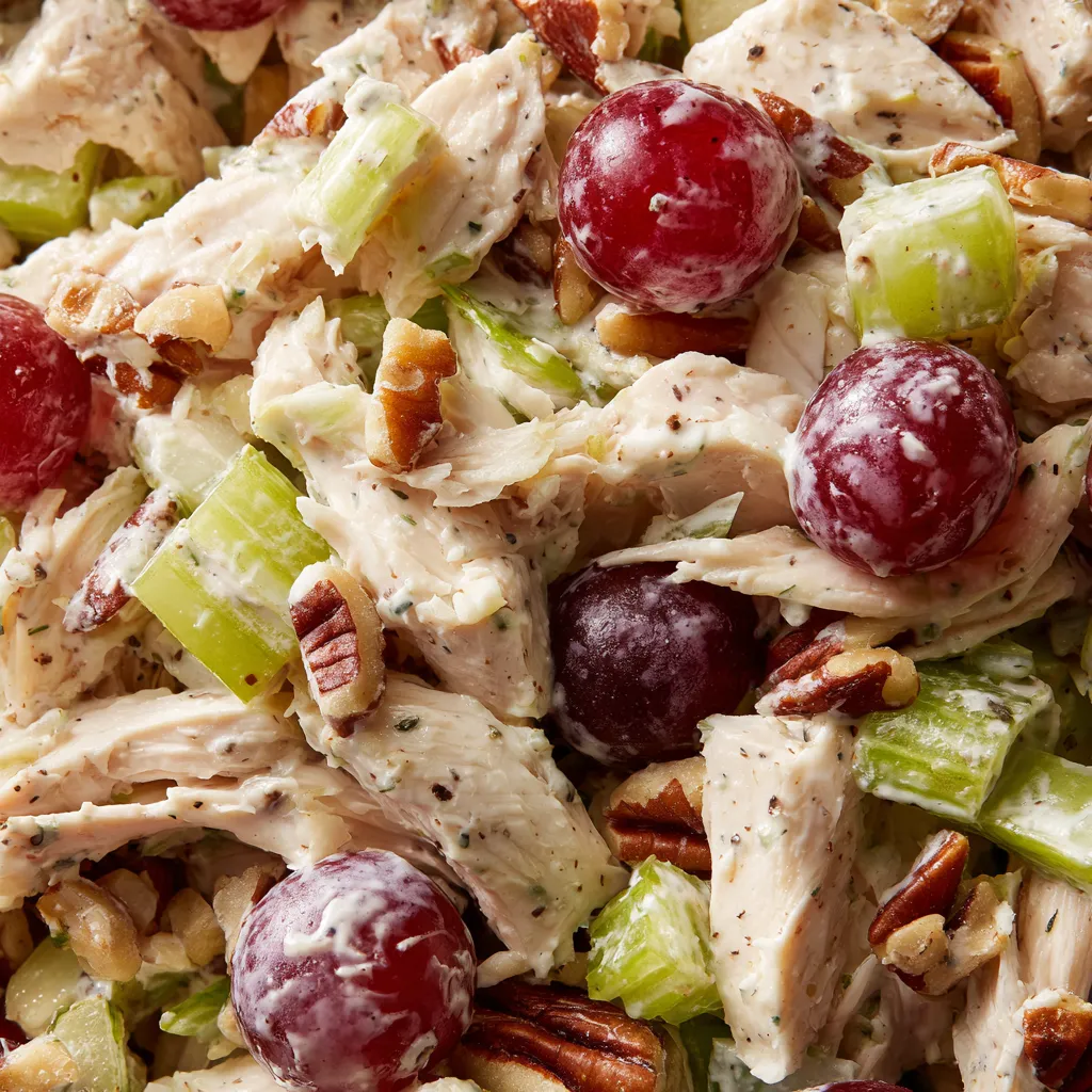A plate of chicken salad with grapes.