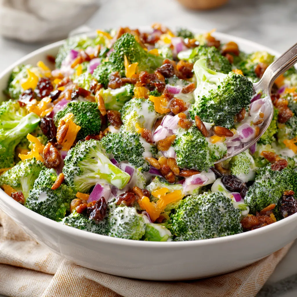 A bowl of Amish Broccoli Salad.