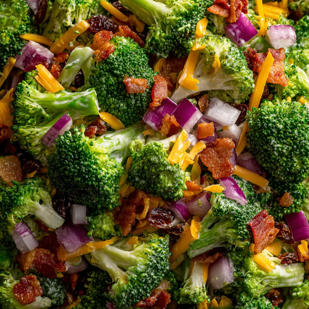 A close up of a salad with broccoli and bacon.