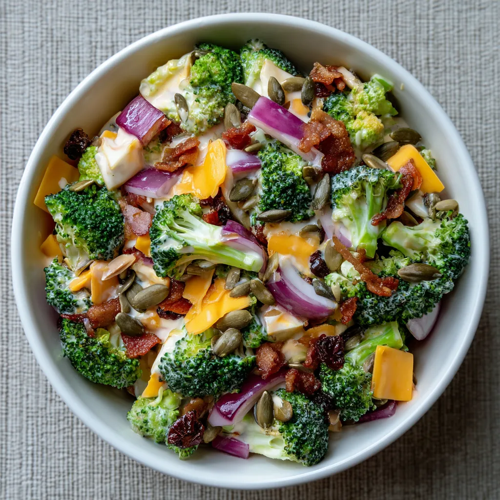 A bowl of Amish Broccoli Salad.