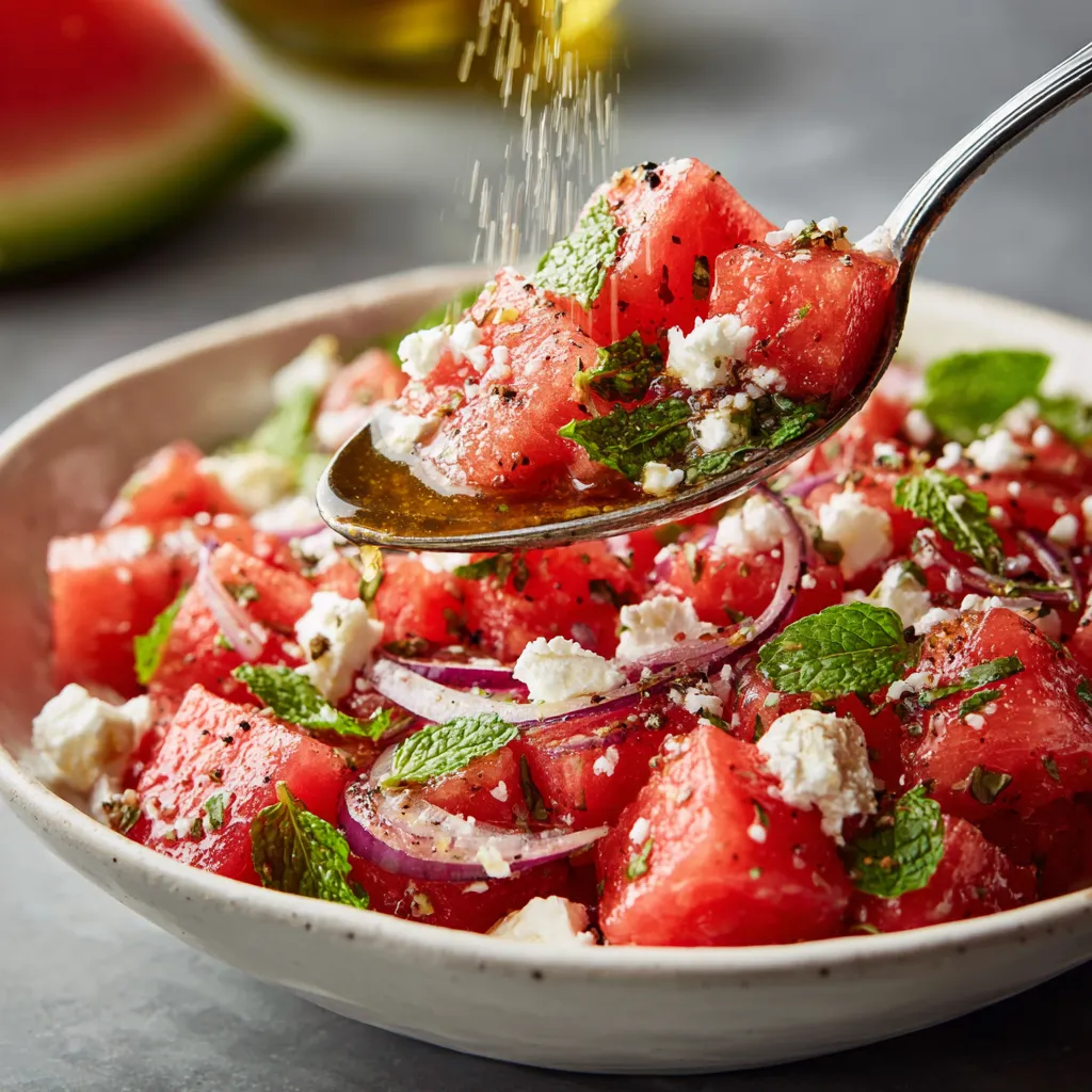 A bowl of watermelon-feta-mint salad.