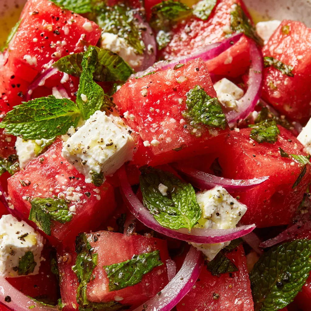 A salad made with watermelon, feta cheese, and mint.