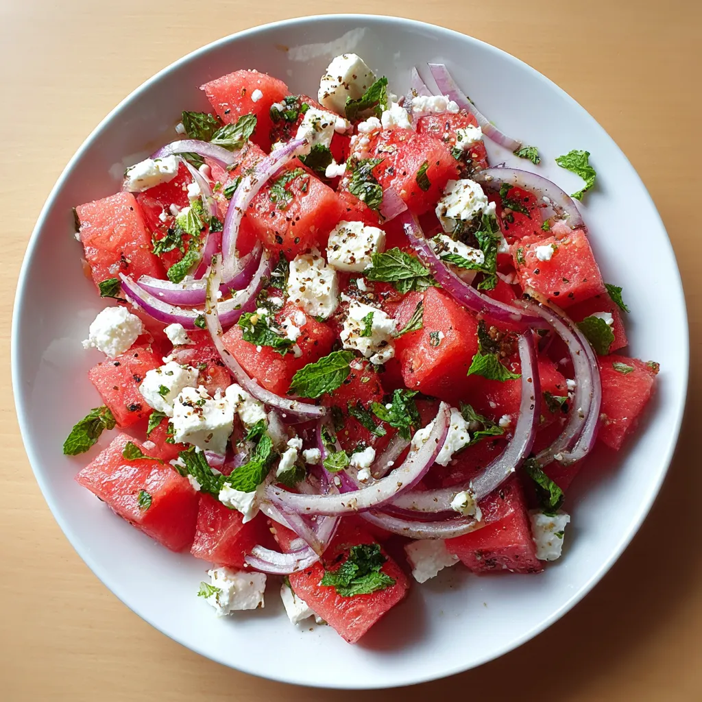 A white plate with a watermelon-feta-mint salad.