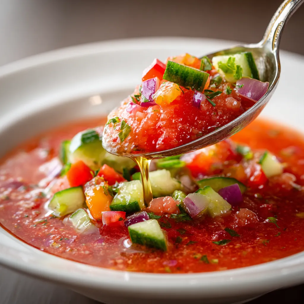 A spoon is being used to serve a bowl of gazpacho.