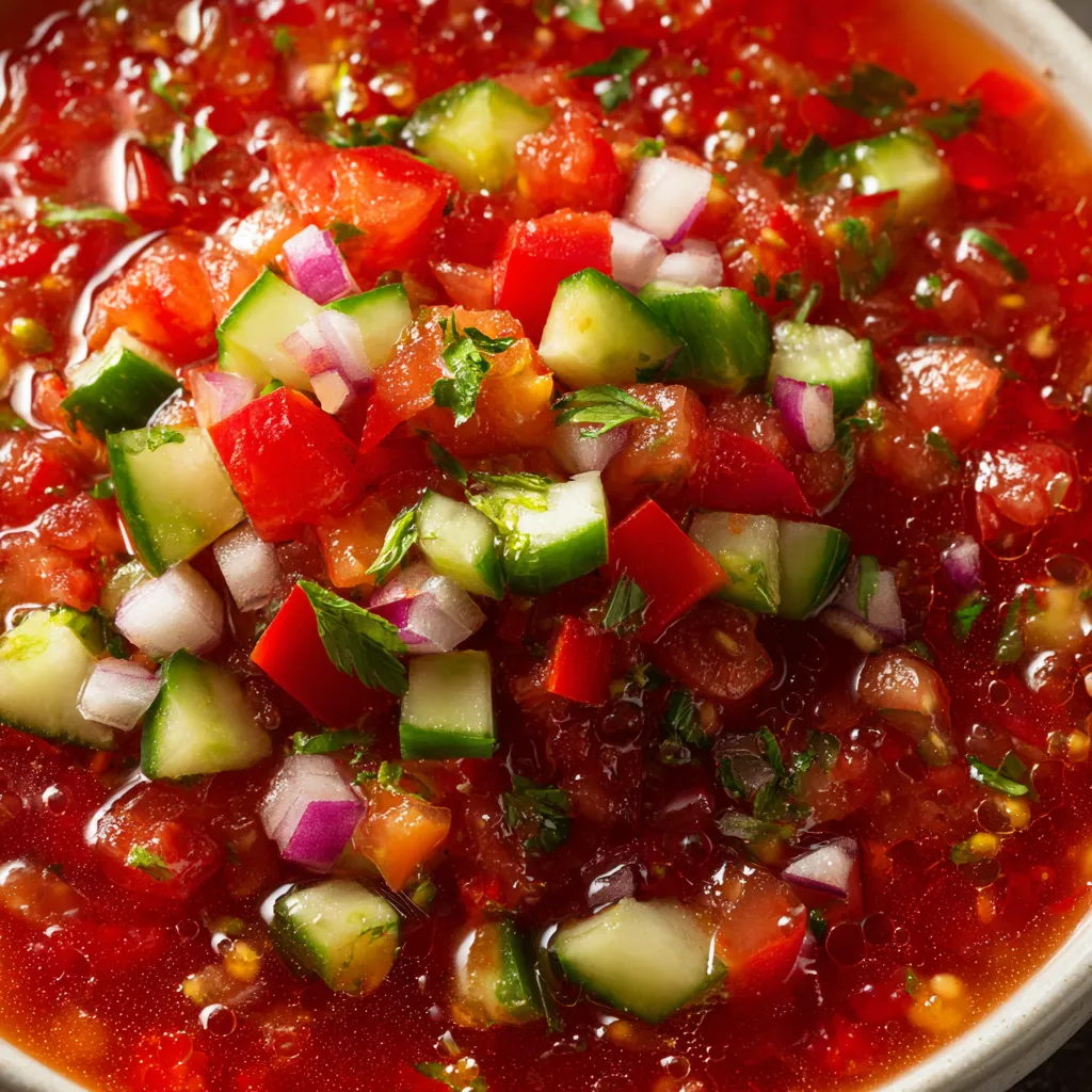 A bowl of gazpacho with tomatoes, cucumbers, and onions.