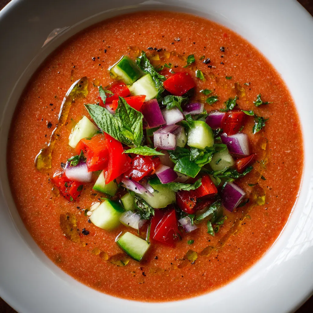 A bowl of gazpacho with vegetables.