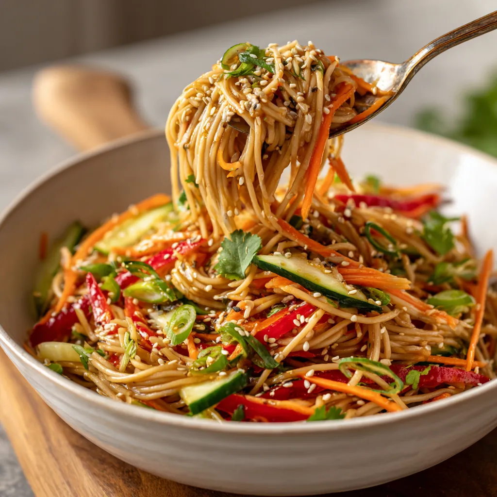 A bowl of cold sesame noodle salad.