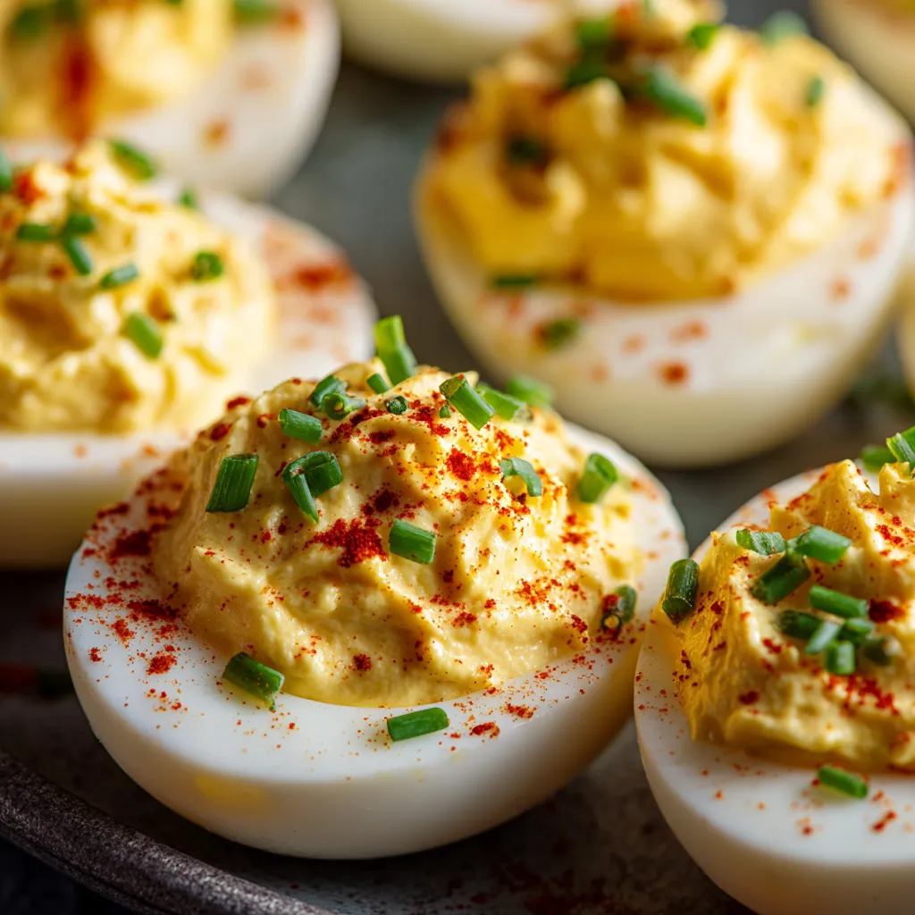 Deviled eggs with green onions.