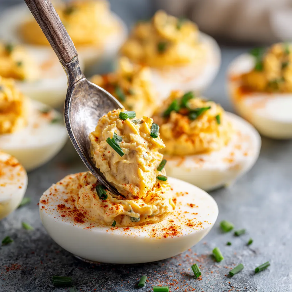 A spoon is being used to scoop up some of the yolk from a deviled egg.