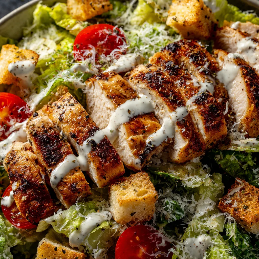 A plate of grilled chicken Caesar salad.
