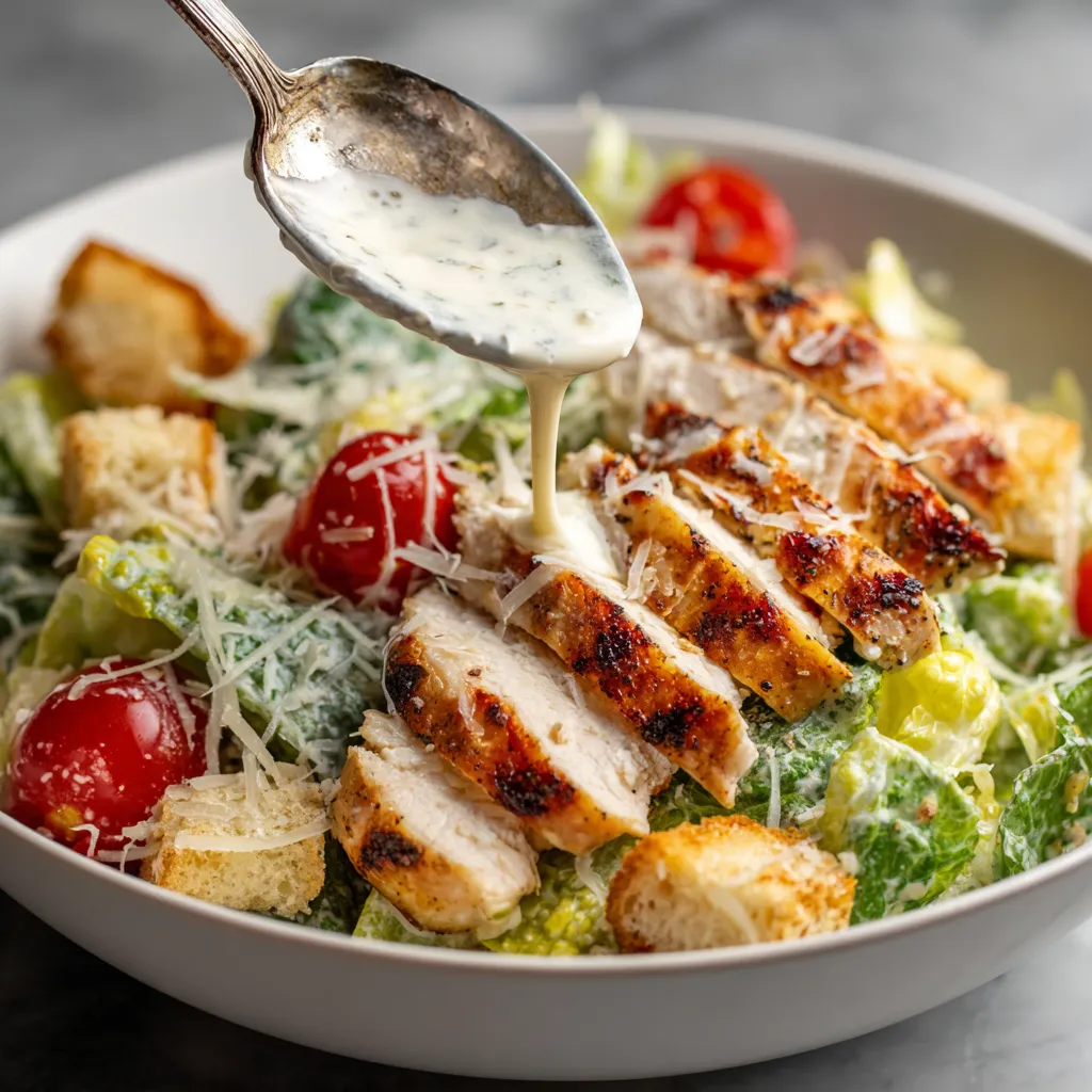 A bowl of grilled chicken Caesar salad.