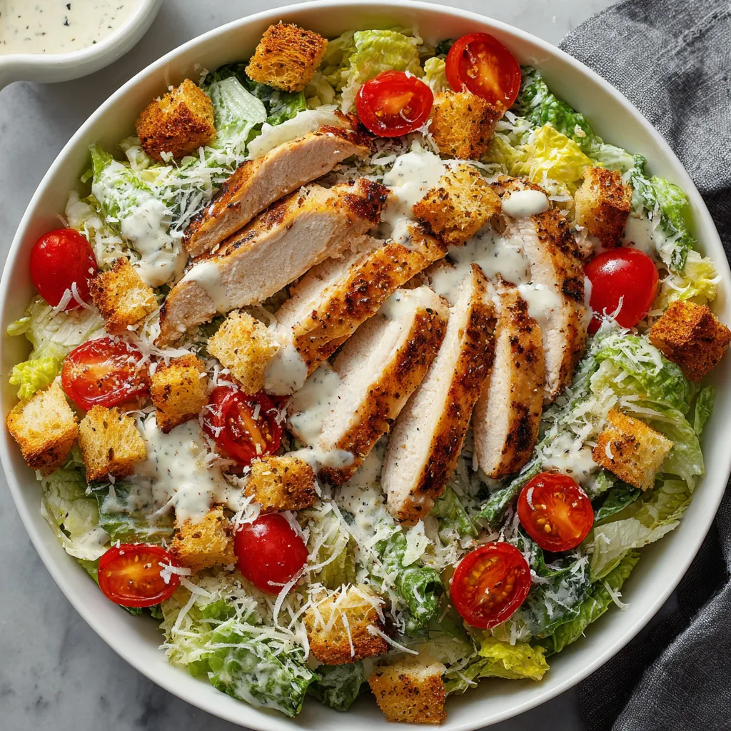 A bowl of grilled chicken Caesar salad.