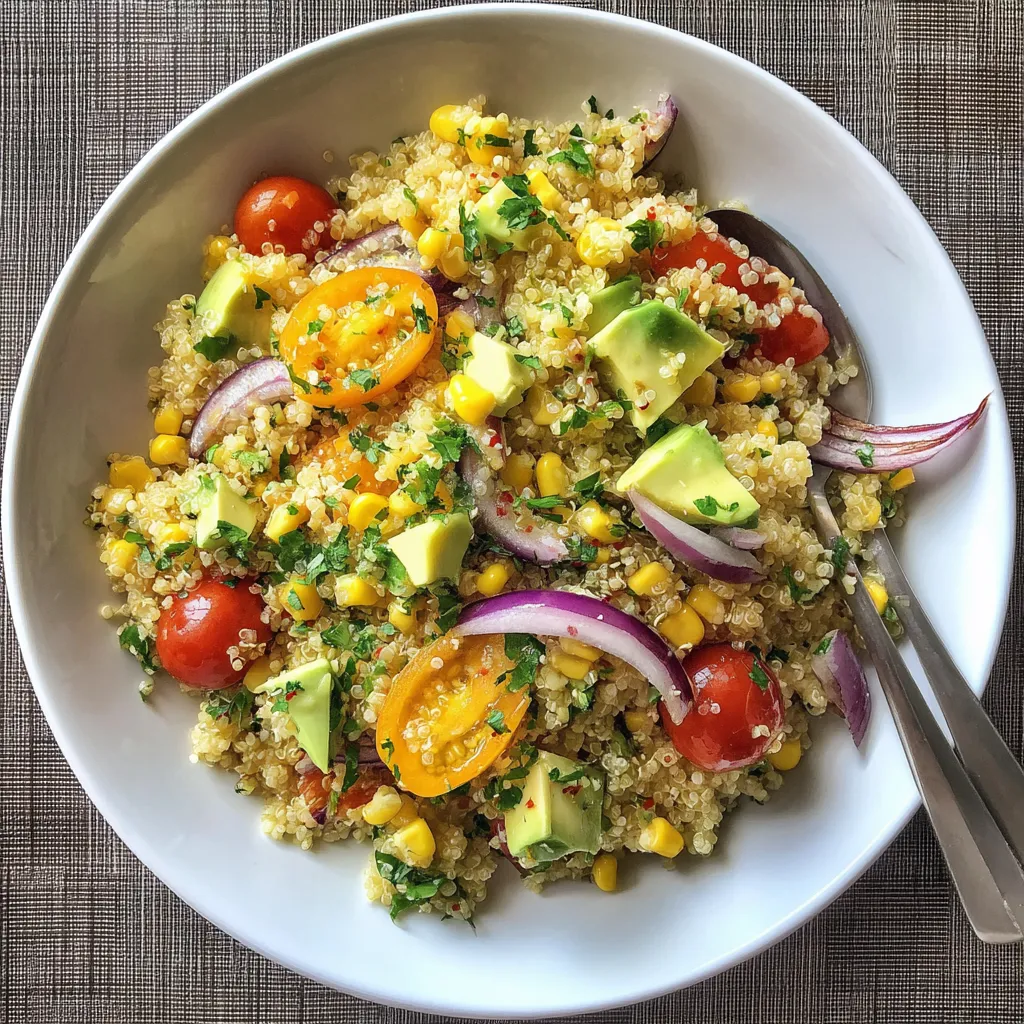 A bowl of quinoa salad with tomatoes, onions, corn, and avocado.