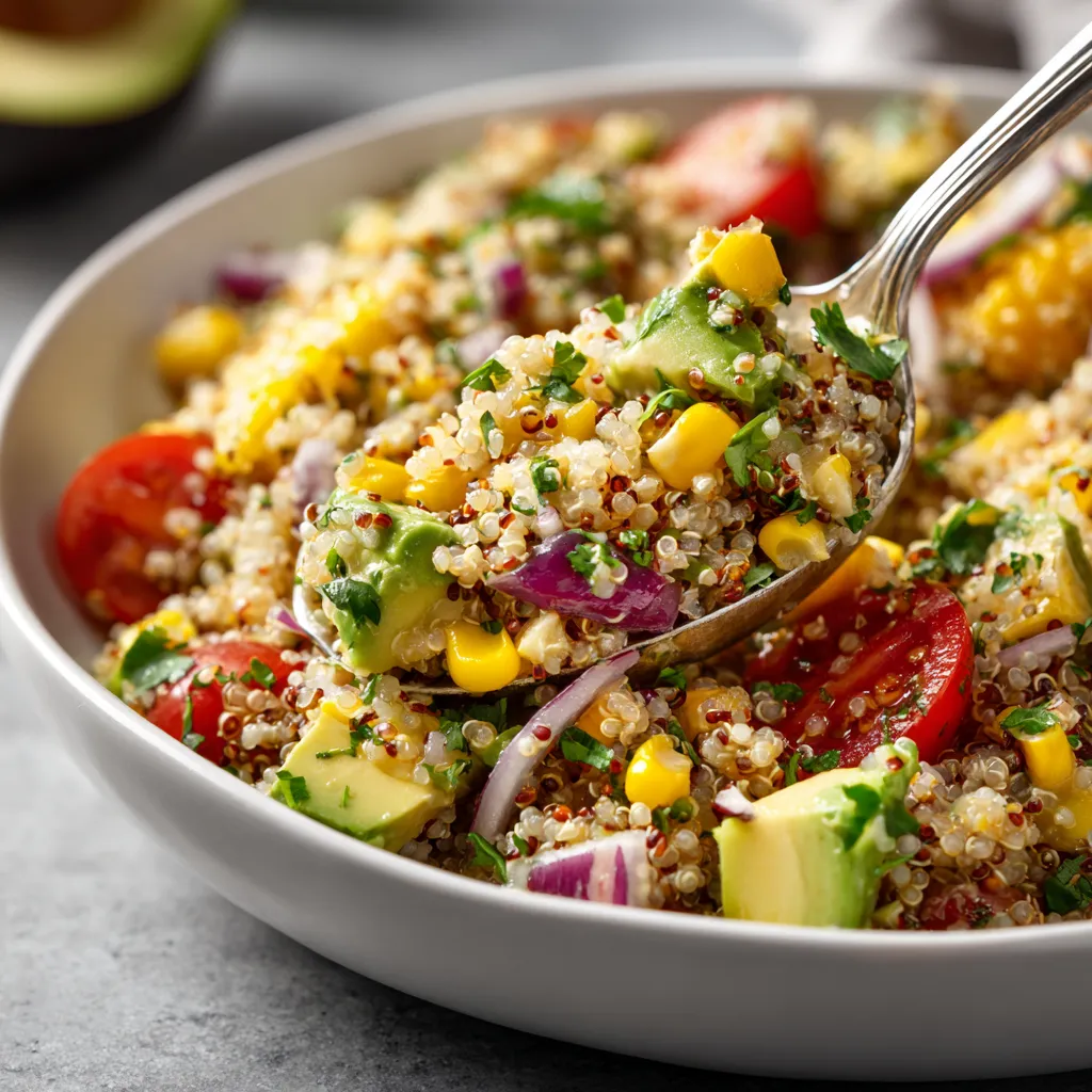 A bowl of quinoa salad with tomatoes, corn, and avocado.