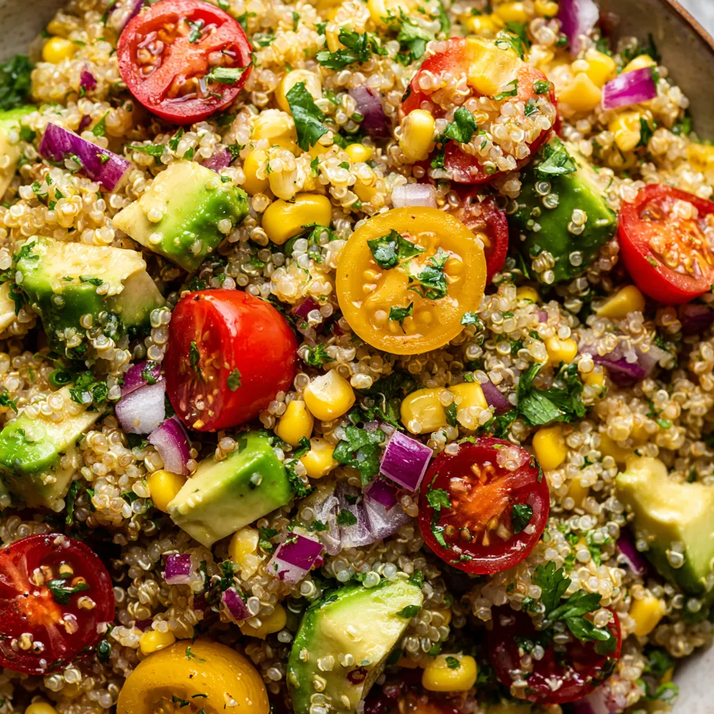 A bowl of quinoa salad with tomatoes, corn, and avocado.