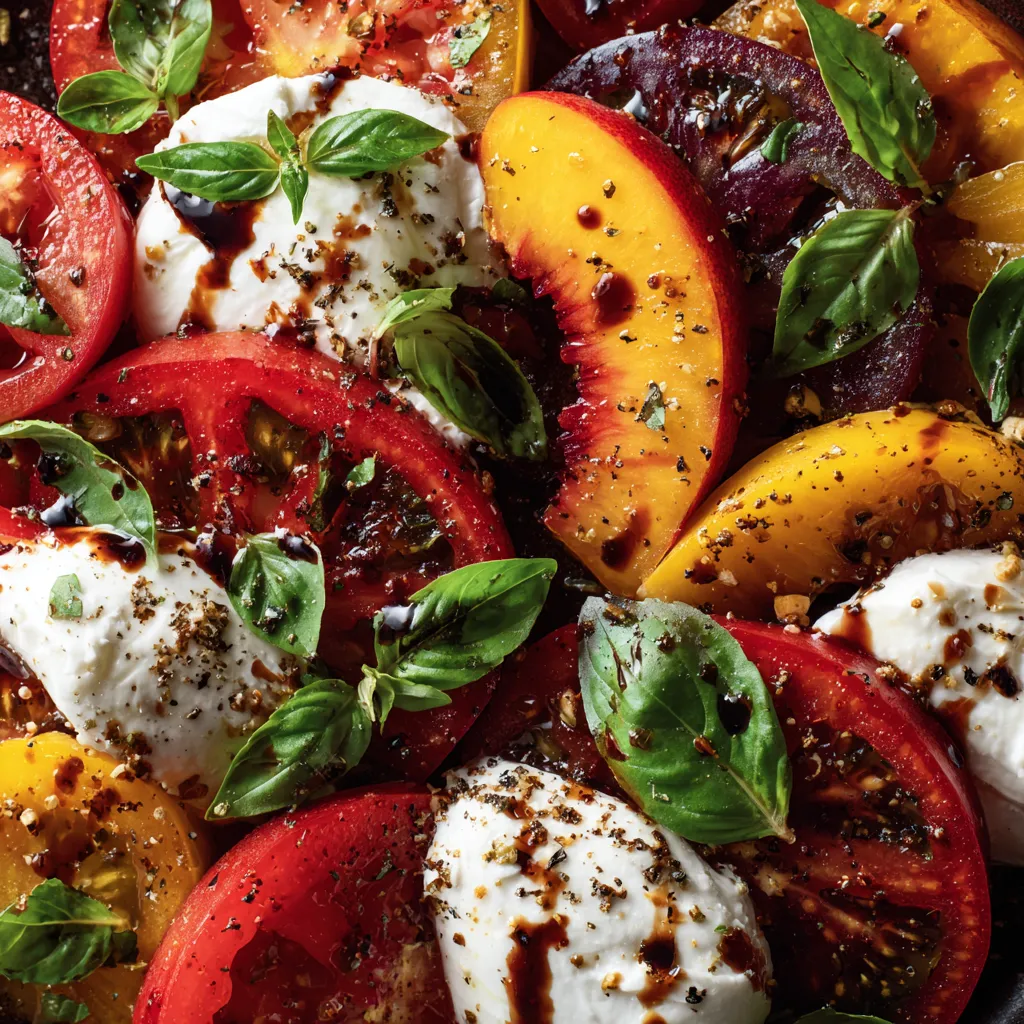 A salad with tomatoes, peaches, and burrata cheese.
