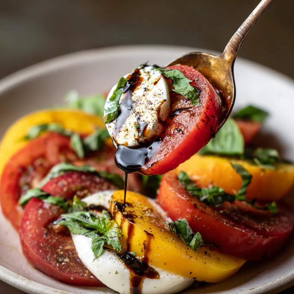 A bowl of tomato, peach and burrata salad.