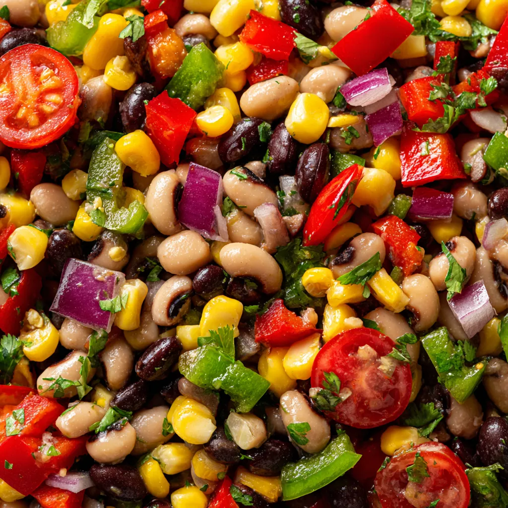 A colorful and healthy dish of beans, tomatoes, corn, and peppers.