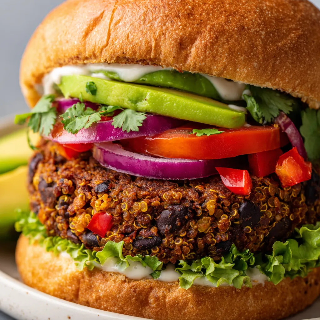 A black bean veggie burger with lettuce, tomato, avocado, and sour cream.