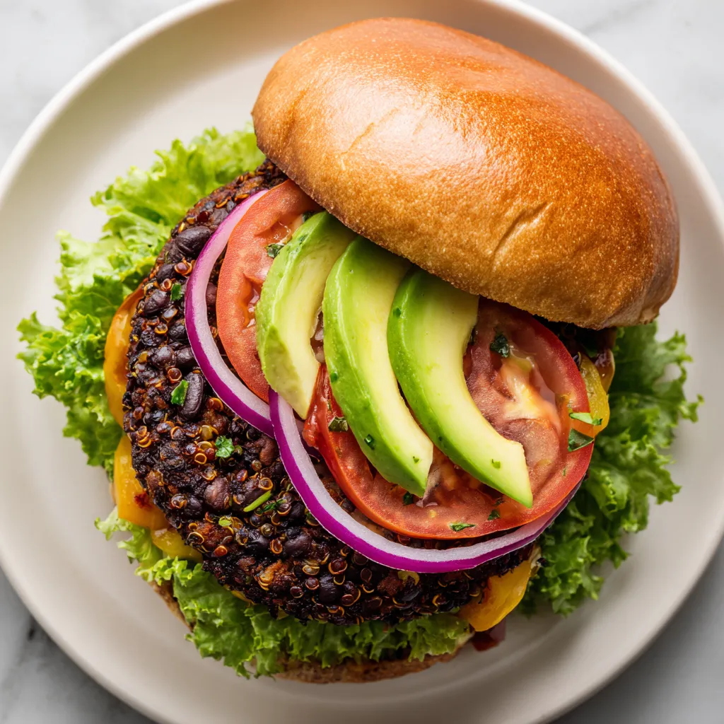 A black bean veggie burger with tomatoes and avocado.