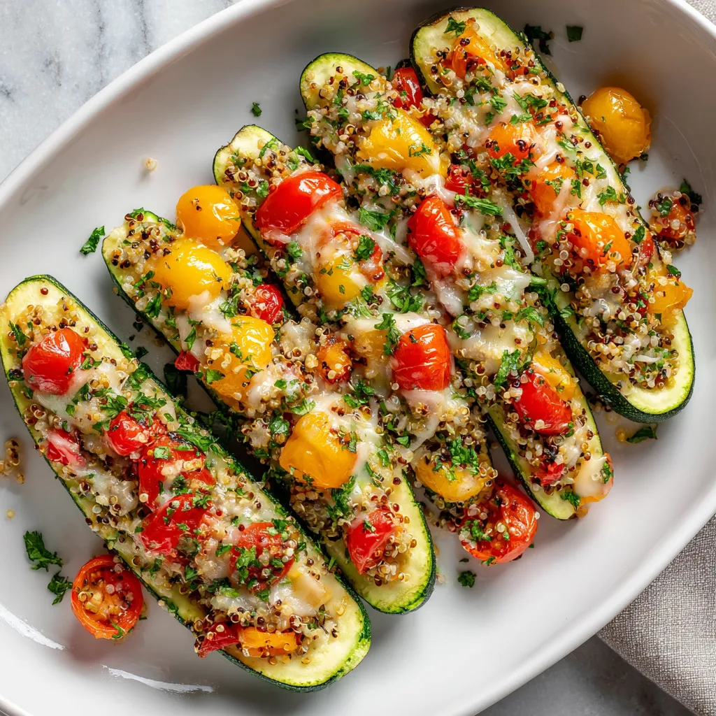 Stuffed zucchini boats with tomatoes and cheese.