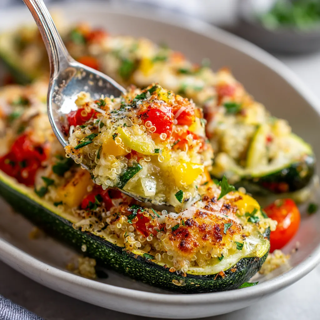 A plate of stuffed zucchini boats.